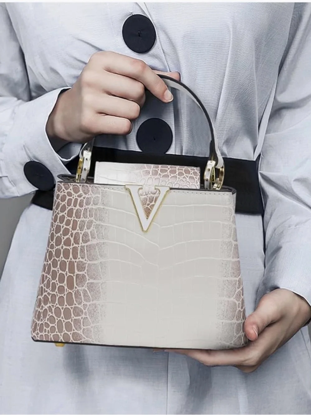 Croc-Embossed Top Handle Bag in Cream and Brown